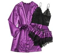 Women's Satin Pyjamas 3-Piece Pyjama Set: Satin Red Pyjamas: Lace 3 Piece Dressing Gown Cami Top Sleep Shorts Long Sleeve Loungewear Plain Pyjamas Casual Leisure Suit Silk Sleepwear Set, purple, Small