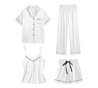 Women's Satin Pyjamas Long 4-Piece Silk Pyjamas Silk Pyjamas for Women Cami & Top Short Set Women Silky Pjs, White, XXL