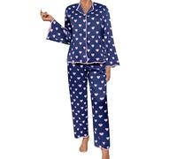 Womens Satin Pyjamas Long Heart Print Pyjamas Womens Button Down Bridesmaid Sleepwear Comfy Loungewear Sets Comfort Fit Long Sleeve Sleepwear Lovely Patterned Homwear Long 2Pc Pj Sets