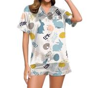Women's Satin Pyjamas, Muslin Pyjamas, Pjs Sets Two Piece Shorty Sleepwear Set Turnup with Buttons Sleepwear Lounge Lightweight Short Sleeve Shirt and Sleep Shorts Night Dress Printed 2024