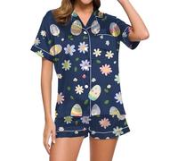Women's Satin Pyjamas, Muslin Pyjamas, Pjs Sets Two Piece Shorty Sleepwear Set Turnup with Buttons Sleepwear Lounge Lightweight Short Sleeve Shirt and Sleep Shorts Night Dress Printed 2024