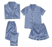Womens Satin Pyjamas Set - 4 Piece Lightweight Breathable Pjs Sets Nightwear Ladies Button Down Tops Shorts And Pants Sets Outfits Soft Solid Color Loungewear Set Comfy Sleepwear For All Season