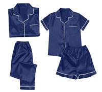 Womens Satin Pyjamas Set - 4 Piece Lightweight Breathable Pjs Sets Nightwear Ladies Button Down Tops Shorts And Pants Sets Outfits Soft Solid Color Loungewear Set Comfy Sleepwear For All Season