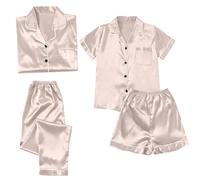 Womens Satin Pyjamas Set - 4 Piece Lightweight Breathable Pjs Sets Nightwear Ladies Button Down Tops Shorts And Pants Sets Outfits Soft Solid Color Loungewear Set Comfy Sleepwear For All Season