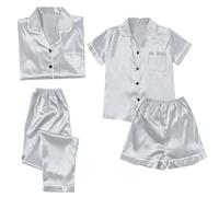 Womens Satin Pyjamas Set - 4 Piece Lightweight Breathable Pjs Sets Nightwear Ladies Button Down Tops Shorts And Pants Sets Outfits Soft Solid Color Loungewear Set Comfy Sleepwear For All Season