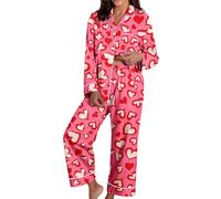 Womens Satin Pyjamas Set Long Sleeve Womens Pyjamas Set Printed Cute Love Pattern Sleepwear Lightweight Spring Sleepwear Ladies Button Down Nightwear Soft Loungewear Sets For Valentine'S