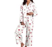 Womens Satin Pyjamas Set Long Sleeve Womens Pyjamas Set Printed Cute Love Pattern Sleepwear Lightweight Spring Sleepwear Ladies Button Down Nightwear Soft Loungewear Sets For Valentine'S