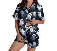 Womens Satin Pyjamas Set Pyjama Sets Halloween Black Cat Button Down 2 Piece Short Lounge Sleepwear Bat Loungewear Holiday Outfits Skull Pajamas Bottoms Co Ord Sets, Black, L