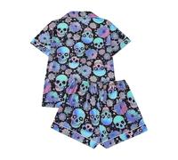 Womens Satin Pyjamas Set Pyjama Sets Halloween Spider Cute 2 Piece Pjs Shorts Short Sleeve Bat Sleepwear Button Down Loungewear Skeleton Pajamas Bottoms Co Ord Sets, Blue, XL