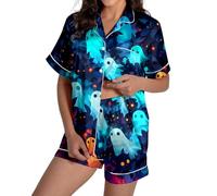 Womens Satin Pyjamas Set Pyjama Sets Halloween Spider Ghost Pumpkin Graphic Pj Shorts Pjs Y2k Bat 2 Piece Holiday Outfits Sleepwear Skeleton Pajama Bottoms Co Ord Sets, Sky Blue, M