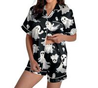 Womens Satin Pyjamas Set Women's Lounge Sets Halloween Pumpkin Cute 2 Piece Button Up Shirt and Shorts Short Sleeve Spider Loungewear Sleepwear Ghost Pajama Bottoms Co Ord Sets, Black, M