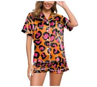 Women's Satin Pyjamas, Summer Pyjamas, Short Two-Piece Sleepwear with Buttons, Turn-Down Collar, Nightwear, Lightweight, Casual, Short Sleeve T-Shirt and Sleep Shorts, Night Dress, Printed Summer