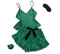 Women's Satin Ruffled Pajamas Sets Cami Shorts 2 Pieces Sets Sleepwear Satin Pajamas Cami Shorts Set Nightwear Pajamas Set Women Petite Pajamas Sleeveless Comfy Nightgown B-Green L
