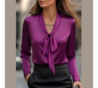 Women's Satin Scarf Collar Shirt Long Sleeve Elegant Office Solid | Color Pullover Blouse Regular for Fit Business Casual Top For Spring Summer Black White Pink Purple M-2xl, Womens