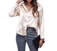 Women's Satin Shirt Blouse Long Sleeve Botton Down Solid Elegant Blouse V Neck Silk Shirt Classic-Fit Casual Ladies Office Formal Work Tops Tunic Tops Dresses Breathable Tee(Apricot,M)