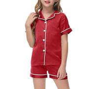 Women's Satin Short Pajama Set - Silky Notch Collar Button Down Sleepwear with Ruffle Hem Shorts, Soft Luxury Loungewear Set for Nightwear and Casual Home Wear