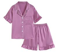 Women's Satin Short Pajama Set - Silky Notch Collar Button Down Sleepwear with Ruffle Hem Shorts, Soft Luxury Loungewear Set for Nightwear and Casual Home Wear