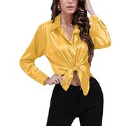 Women's Satin Silk Blouse 2025 Keyhole Neck Long Sleeve Tops, Silk Button Down Shirts, Business Office Work Tunic Tops (Lemon Yellow,L)
