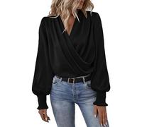 Womens Satin Silk Blouses Elegant Casual Long Sleeve Sexy Deep V Neck Evening Party Wrap Tops Flattering Blouses Boho Shirts for Women 2024 Black