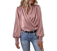 Womens Satin Silk Blouses Elegant Casual Long Sleeve Sexy Deep V Neck Evening Party Wrap Tops Flattering Blouses Boho Shirts for Women 2024 Pink