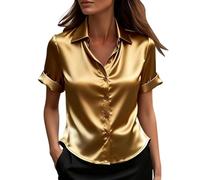 Womens Satin Silk Blouses Short Sleeve Button Down Wrinkle-Free Non Iron Dress Shirts Business Casual Office Wear Professional Job Interview Work Clothes for Women UK Rose Gold
