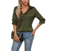 Womens Satin Silk Button Down Shirts Long Sleeve Blouse Casual Work Office Tops, Dark Olive Green, XL