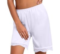 Womens Satin Silk Half Slips Lace Trim Culottes Shorts Elastic Waist Pettipants French Knickers Petticoat Under Dress Mid Length Thigh Comfortable Summer Pants White