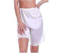 Womens Satin Silk Half Slips Lace Trim Culottes Shorts Elastic Waist Silky Pettipants French Knickers Coquette Petticoat Under Dress (Casual White, 3XL)