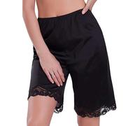 Womens Satin Silk Half Slips Lace Trim Culottes Shorts Elastic Waist Silky Pettipants French Knickers Coquette Petticoat Under Dress (Casual Black, L)