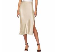 Womens Satin Silk High Waist Slit Midi Skirt Elastic Waistband Midi Skirts Elegant and Handsome Half Skirt for Women Wrap Around Bed Skirt (Khaki, M)
