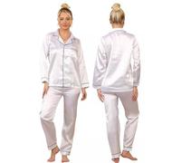 Womens Satin Silk Pyjamas Set - Ladies Soft PJs Long Sleeve Button Up Nightwear Sleepwear Pajama Set Loungewear Tops & Pants Elegant Satin Piping Detail Gift for Women White 8-10