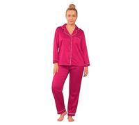 Womens Satin Silk Pyjamas Set - Ladies Soft PJs Long Sleeve Button Up Nightwear Sleepwear Pajama Set Loungewear Tops & Pants Elegant Satin Piping Detail Gift for Women Pink 12-14