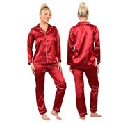 Womens Satin Silk Pyjamas Set - Ladies Soft PJs Long Sleeve Button Up Nightwear Sleepwear Pajama Set Loungewear Tops & Pants Elegant Satin Piping Detail Gift for Women Red 16-18