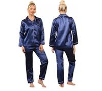 Womens Satin Silk Pyjamas Set - Ladies Soft PJs Long Sleeve Button Up Nightwear Sleepwear Pajama Set Loungewear Tops & Pants Elegant Satin Piping Detail Gift for Women Navy 20-22