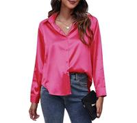 Women's Satin Silk Shirt Elegant V Neck Casual Work Bussiness Tops Long Sleeve Button Down Blouse Shirt Top Rose Red XXL