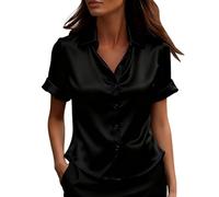 Women's Satin Silk Shirts Blouses Summer Fashion 2026 Short Sleeve Button Down Collared Casual Business Office Wear Work Shirts Professional Job Interview Clothes for Women UK Black