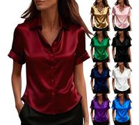 Women's Satin Silk Shirts Blouses Summer Fashion 2026 Short Sleeve Button Down Collared Casual Business Office Wear Work Shirts Professional Job Interview Clothes for Women UK Wine