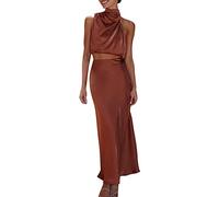 Women'S Satin Skirt 2 Piece Outfits Sleeveless Halter Top And Long Skirt Set Summer Lightweight Elegant Dress Sets Holiday Vacation Dress Sexy Solid Color Suit Aesthetic Clothing For Dinner Party
