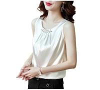 Womens Satin Tank Tops Summer Sleeveless Vest Beaded Silk Vest Pleated Work Shirts Business Casual Dressy Blouses Round Neck Elegant Blouse Party Evening Wear Lady Undershirt White