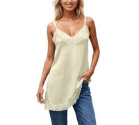 Women's Satin Top with Lace Hem and V-Neck - Elegant Lingerie Top with Adjustable Straps | Flowing Camisole Top for Layered Look, style_q04 yellow, M