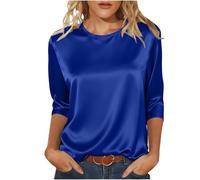 Womens Satin Tops Silk 3/4 Sleeve Crewneck Loose Basic Shirts Casual Fashion Elegant Evening Going Out Work Party Business Green top Women Blue M