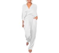 Women's Satin V Neck Top and Long Trousers Set, Chic and Elegant, 2-Piece 3/4 Sleeve Top + Multi-Pocket Cargo Trousers, Women's Summer Suit Lounge Wear, Home and Outdoor White
