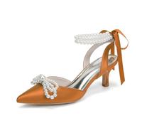 Women's Satin Wedding Shoes Pointed Toe Pearl Bow Bridal Kitten Heel Pumps 6Cm