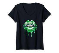 Women's Saudi Arabia Flag Dripping Lips KSA National Pride Art V-Neck T-Shirt