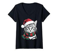 Womens Savannah Cat Xmas Santa Hat Scarf Christmas Costume V-Neck T-Shirt