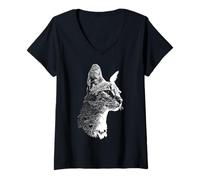 Womens Savannah Face Cat Drawing Portrait Motif Illustration V-Neck T-Shirt