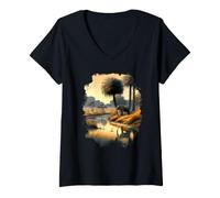 Women's Savannah Paradise on the Riverbank with an Elephant V-Neck T-Shirt