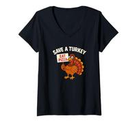 Womens Save a Turkey Eat Pizza Funny Thanksgiving Men Women Food V-Neck T-Shirt