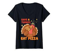 Womens Save a Turkey Eat Pizza Funny Thanksgiving Pizza Lover V-Neck T-Shirt