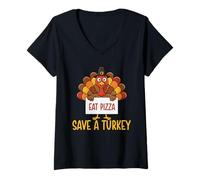 Womens Save A Turkey Eat Pizza - Thanksgiving Day Fall Holiday V-Neck T-Shirt